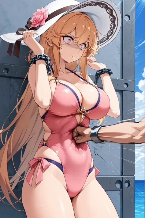 Masterpiece,best quality,highres,Super detailed,very detailed,highest quality,super detailed,high quality,high-definition,extremely detailed,absurdres,perfect light,outdoors,hanging all hands over head higher,hanging two hands over head higher,((((chain re...