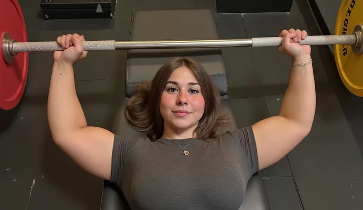 Prompt:
Scene: Lying on a bench, she grips the barbell and lifts with control. A slight smile of pride appears at the top rep.
Camera: top-down perspective with cinematic blur.
Mood: confidence, focus, achievement.
Lighting: warm overhead gym light.
