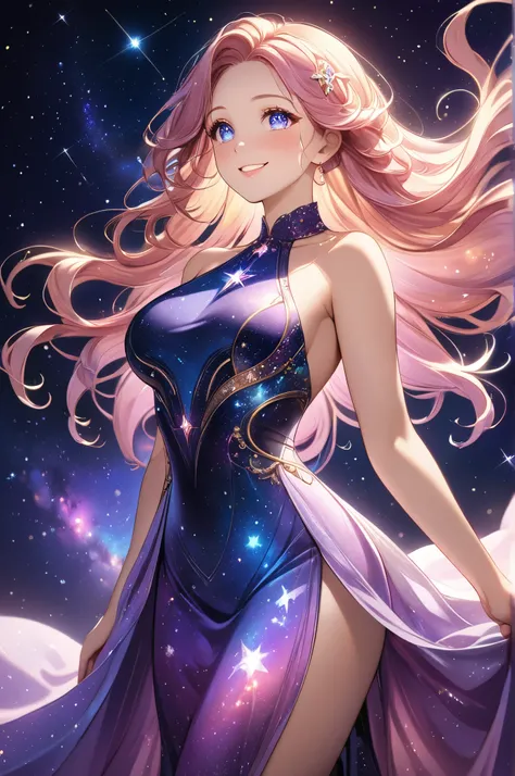 (High quality, High resolution, Fine details), galaxy inspired dress, shimmers starlight, cosmic colors, gown flows like the night sky, glowing nebula patterns, stands gracefully in a softly illuminated space, floating particles of light resemble tiny star...