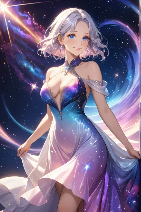 (High quality, High resolution, Fine details), galaxy inspired dress, shimmers starlight, cosmic colors, gown flows like the night sky, glowing nebula patterns, stands gracefully in a softly illuminated space, floating particles of light resemble tiny star...