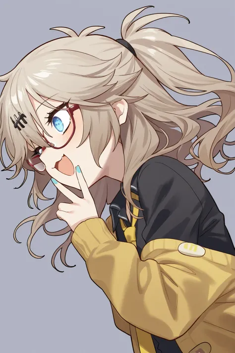 one girl ,kasukabe tsumugi , gray background, Upper body, smile, energetic expression, open mouth, wearing glasses , black school uniform, yellow cardigan,  yellow tie 