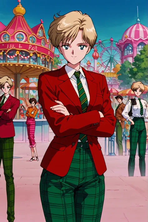 masterpiece, amazing quality, best quality, ultra-detailed, 8K, illustration, clear skin, ultra-detailed-eyes, soft skin, very awa, very as2, soft body, 1990s \(style\), official art, 1girl,solo,adult girl, tenou haruka, very short hair, blonde hair, blue ...