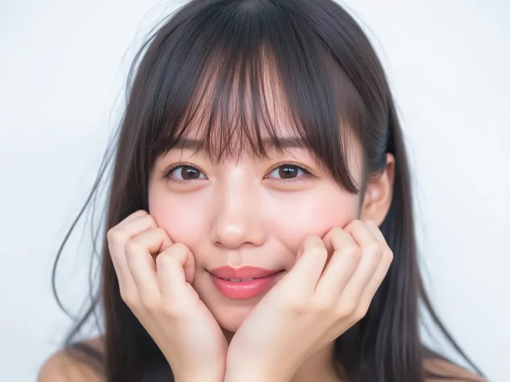 (Refined from an old photo, recreated in a modern, ultra high-quality photorealistic style, with a trendy Reiwa-era hairstyle: soft semi-long hair with natural waves and airy see-through bangs), 

Ultra photorealistic close-up portrait of a beautiful Japan...
