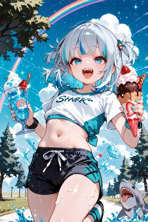(masterpiece, top quality、"Watch out for sharks!!"Text 2.0), Delicate Details,1girl, defeat Titan、cute,すごくcute、amazing、 blue hair, gray hair, medium hair in a narrow vagina, multicolor hair, shark, two side up, teeth, Blue Claws, Food, SHORT SLEEVE, blue...