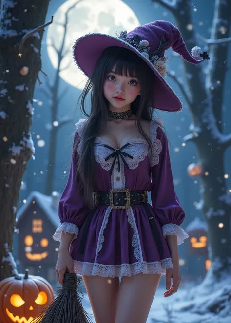 Halloween、Realistic Japanese Girl、Broken Tree House、Cute Girl Who Cosplayed Halloween、Magic Broom、snowy forest、 dead tree、Moonlit Night、 pumpkin head 、3D,high image quality、A cute Santa Claus bikini inspired by Tim Burton、mini skirt dress incorporating tre...