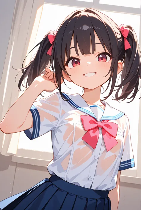 idol beautiful girl, slender body, Extremely small bust , dark hair color,twin tails, Smile Yan, translucent school uniform, Cheerful pose