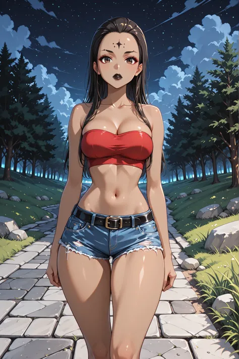 (Night Sky, Cloud Sky, Trees, Stone Road, Grass, Rocks), Perfect Face, Perfect Body, ((Female African, Colored Skin, Light Brown Skin)), Black Hair, (Very Long Slicked Back Hair), ((Forehead)), Black Thin Eyebrows, Dark Brown Eyes, Thick Lips, Black Lips, ...