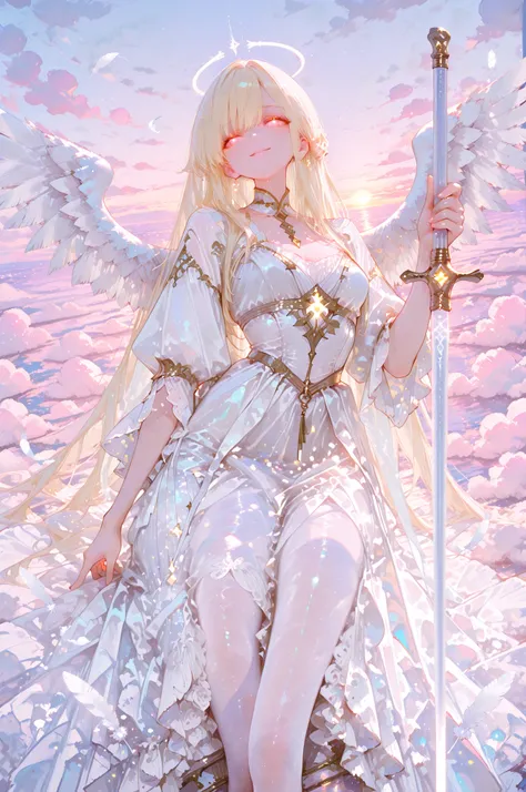 Highest Quality, super definition, with great attention to detail, Female Angels, toned slim body, kind smile, Shining White Feathers, Long blonde hair, White flowing dress, Tight and slim body with the baton of condemnation in hand, A figure wrapped in ...