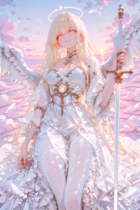 Highest Quality, super definition, with great attention to detail, Female Angels, toned slim body, kind smile, Shining White Feathers, Long blonde hair, White flowing dress, Tight and slim body with the baton of condemnation in hand, A figure wrapped in ...