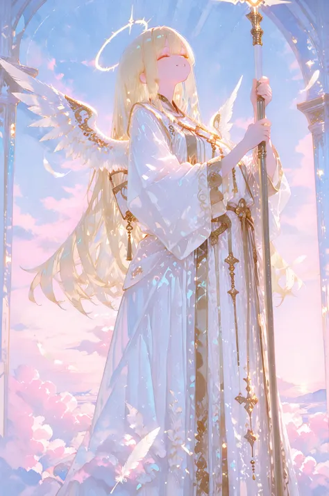 high resolution, masterpiece, RAW pictures, Smiling Female Angel, slender figure, Delicate Face, translucent white robe , Golden Shining Hair, Big white feather, Posture Raising the Stick of Condemnation, Illuminated by soft light, Heaven Background, light...
