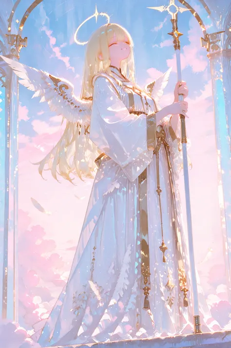 high resolution, masterpiece, RAW pictures, Smiling Female Angel, slender figure, Delicate Face, translucent white robe , Golden Shining Hair, Big white feather, Posture Raising the Stick of Condemnation, Illuminated by soft light, Heaven Background, light...