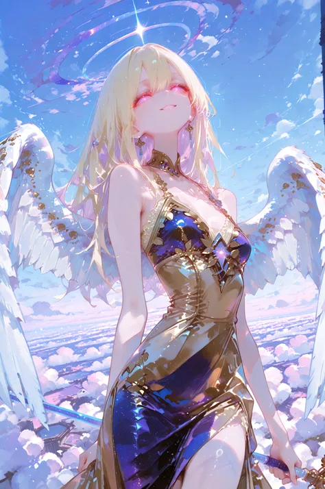 Highest Quality, Masterpiece, super high resolution, Female Angels, slim body, white and gold dress, Big White Wings, Gentle smile, Long blonde hair, The Stick of Condemnation, god聖な光に包まれた, blue and purple gradation sky, Floating Clouds, soft tone, god々 a...