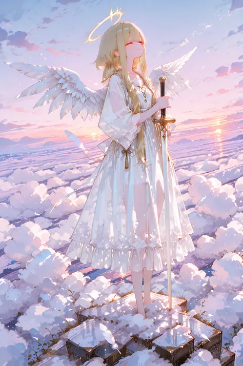 High Quality, masterpiece, 8K Wallpaper, slim female angel with the baton of condemnation, kind smile, White Feather Wings, golden hair, Shining halo, Long White Dress, Soft Skin Texture, With the baton of condemnation, god聖な雰囲気, gentle use of colors, wrap...