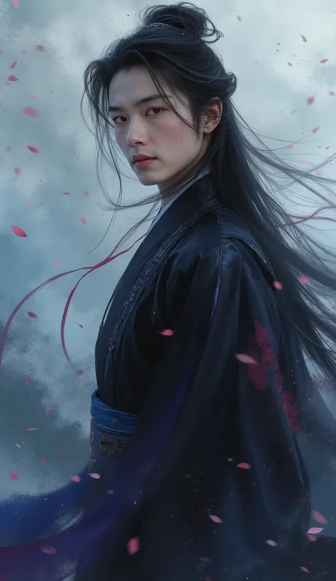 Style:
Realistic cinematic portrait, painterly Wuxia atmosphere with soft light, wind, and mist. Composition focused on expression and gesture, not weapon or action. The mood is elegant, cunning, and quietly electric — the instant before he reveals what he...