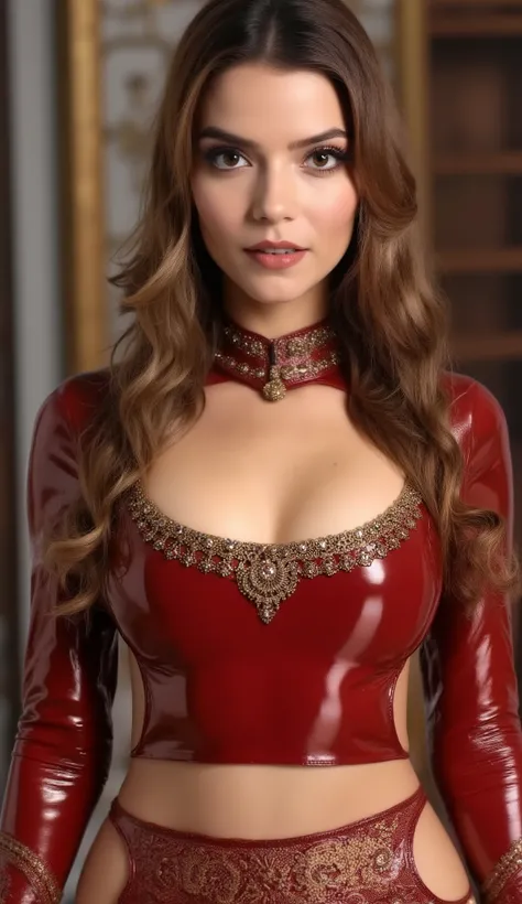 Anushka shetty 35 years old actress  transparent crop top,  Bra/Breast Size, 34 inches ; Waist Size, 28 inches ; Hip Size, 30inches.,visible breast and nipples,ultrarealist, intricate details,image of perfect curvy thick milf bbw Goddess tabu wearing red a...