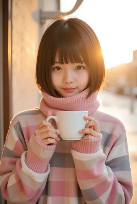 (8k), (best quality), RAW photo, (photo realistic:1.4), very detailed, Portrait photo of a very cute 20 year old Japanese girl, (very thin), ((Very short girl)), ((beautiful straight short hair)), Cat ears, wearing an oversized mosaic plaid pastel long sl...
