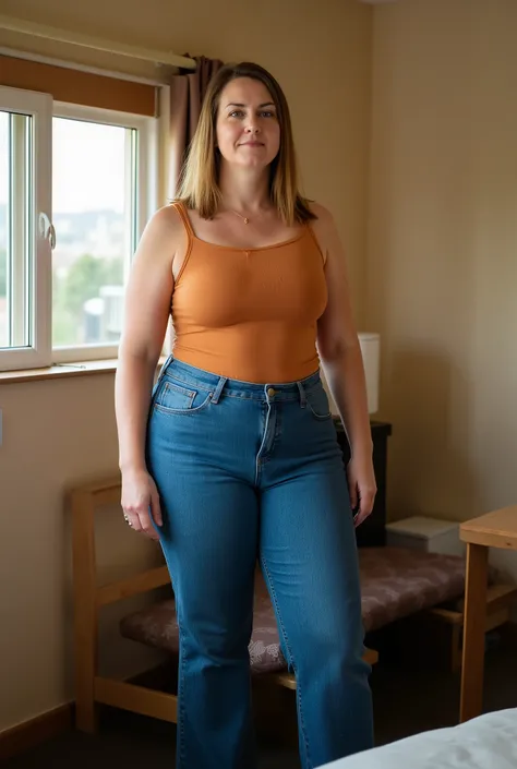 candid full body photograph of a tall europan woman in jeans in a motel room, realistic mature woman, wide hips, shoulder length straight dark blonde, wearing fitted amber tank top, full daylight