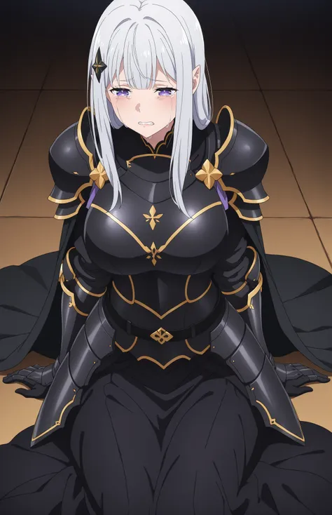 newest , masterpiece , anime screencap , anime coloring , adult ReZero, Solo, long dress, Satella, Anime, 1girl, Mature Female, pointy ears, hair ornament, silver hair, long hair, open, sad, crying eyes open, tears, Pain, clenched teeth, lips, purple eyes,...