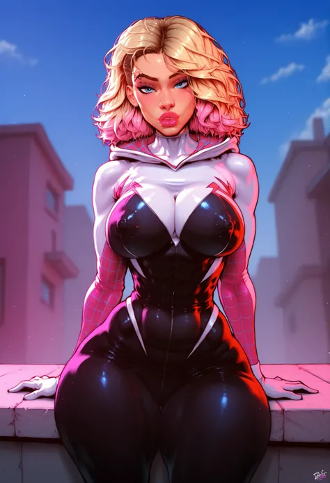 spider Gwen,blonde,female superhero,very beautiful,red and black and white costume,[photorealistic, realistic],blue eyes,teen,pink highlights,roof top of a building background,4k,hdr,[canon nikon image] bimbo lips, huge bimbo lips,