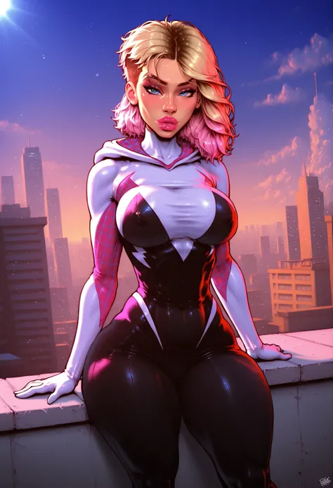 spider Gwen,blonde,female superhero,very beautiful,red and black and white costume,[photorealistic, realistic],blue eyes,teen,pink highlights,roof top of a building background,4k,hdr,[canon nikon image] bimbo lips, huge bimbo lips,