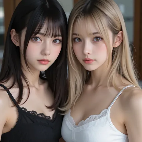 masterpiece、Highest Quality、Realistic,8k,{{cosplay、Beautiful girl、メスガキのcosplay、dark haired、Blonde}}、Looking Here,2girls,black camisole,white camisole,