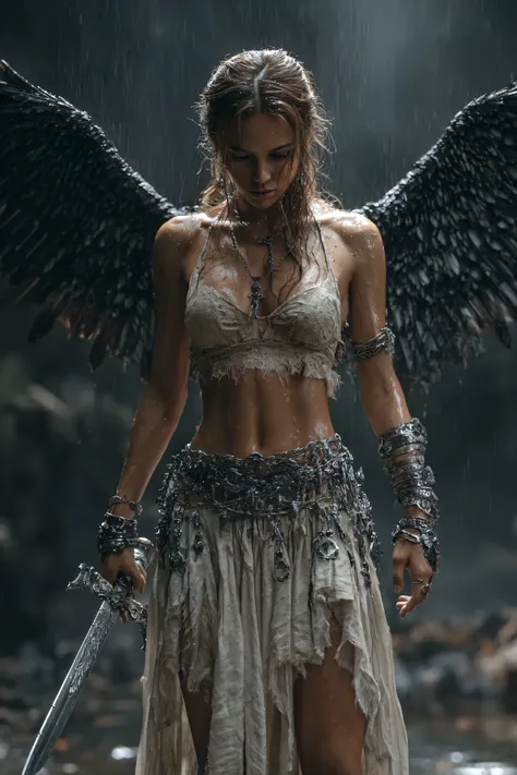 Photorealistic, a stunningly beautiful fallen angel, powerful physique, intricate black feathered wings spread wide, standing in shallow water, light rain falling, wearing a torn and distressed light beige lace top, matching flowing ragged skirt, multiple ...