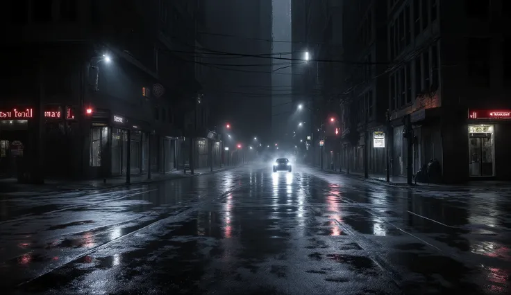 A dark city corner at night, street intersection glistening with rain. Reflections of dim lights on wet ground, distant car headlights cutting through fog, building facades in deep shadow. Realistic lighting and atmosphere, cinematic noir tone, full of ten...