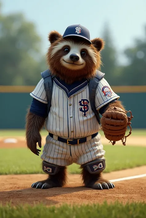Create a sloth bear with a baseball receiver's uniform and equipment 