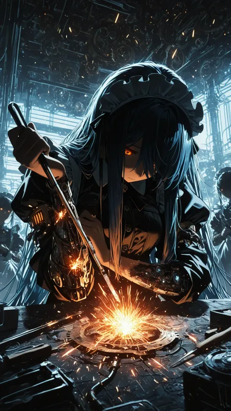 (masterpiece:1.2, Best Quality), C7b3rp0nkStyle, ((very long bangs, hidden face, face hidden by hair)), head tilt, looking up, beautiful face, long sidelocks framing face, long swept bangs, dark blue hair, messy hair, braid, orange eyes, glowing eyes, ((ho...