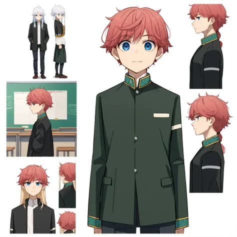 score_9, score_8_up, score_7_up, source_anime, solo, 1girl, smile, looking at viewer, hands in pockets, long hair, white hair, blue eyes, furinuniform, black jacket, open jacket, long sleeves, white shirt, black pants, indoors, classroom 