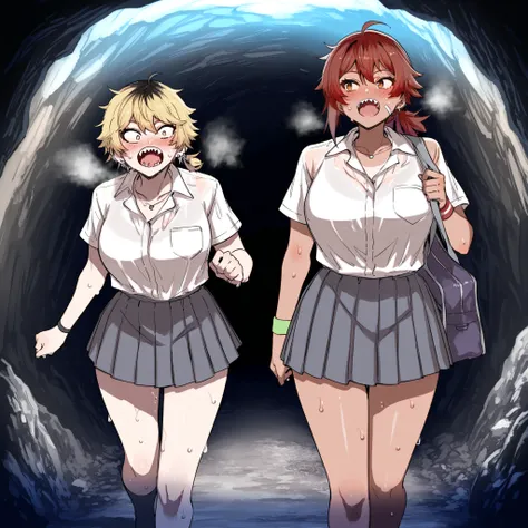 score_9_up , score_8_up , score_7 , masterpiece, slimy creepy cave , Two bad women are walking side by side, (onna_tomodachi, tanned skin, tan-lines, low messy ponytail, messy bangs, band aid on left cheek), (sumire_nakanita, low ponytail),  ( sharp teeth:...