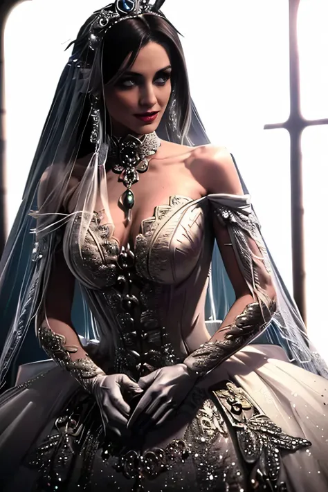 1girl, solo,Hela marvel, crown,earrings ,lipstick, eye shadow, makeup, hair between eyes, ahoge, hair ornament, gloves, dress, cleavage, bare shoulders, collarbone, white oprea gloves, white gloves, white dress, strapless, white choker, tiara, veil, strapl...