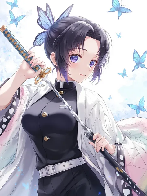 kochow shinobu background, kochow shinobu background уверенно стоит на иллюстрации в стиле аниме, illustration, rocking a black school uniform with gold buttons and white, patterned kimono, a. has short hair, black, tied at the waist and stylized as a side...