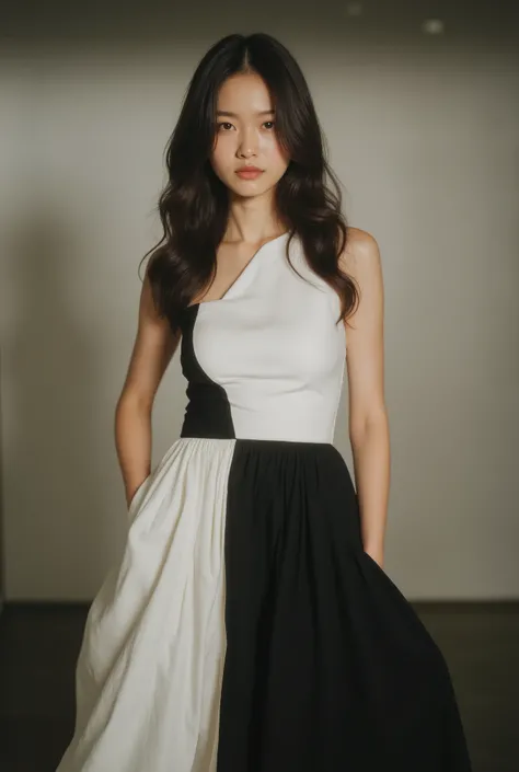High-End Fashion Photos of Asian Models Wearing Specially Designed Black and White Dresses, tight waist shows proportion, flowing long skirt, sexy pose, Realistic sharp face, pastel finish background, Highlight Textures and Textures.
