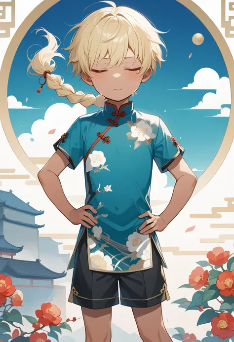 closed mouth1boy,傑作,最高品質,詳細,4k,8k,dark skin,10歳,blonde hair,short hair,(single braid),closed eyes,closed mouth,hands on own hips,(sobbing),cowboy shot,China dress,black shorts,
