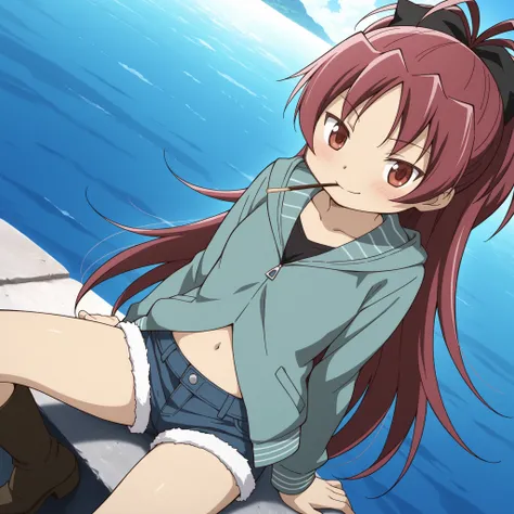 absurdres, highres, masterpiece, best quality, amazing quality, anime style, anime capture, anime screen, 1girl, solo, mahou shoujo madoka magica, sakura kyoko, red eyes, red hair, ponytail, long hair, hair bow, hoodie, long sleeves, black shirt, navel, de...