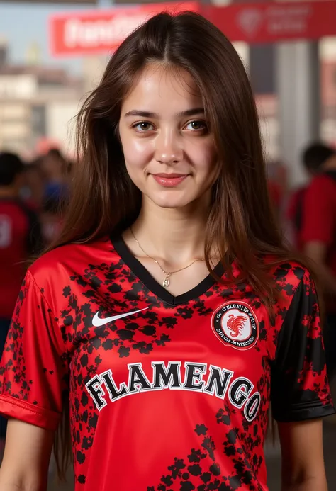 Young Woman Wearing a Red and Black Shirt with Flamengo's Name Printed