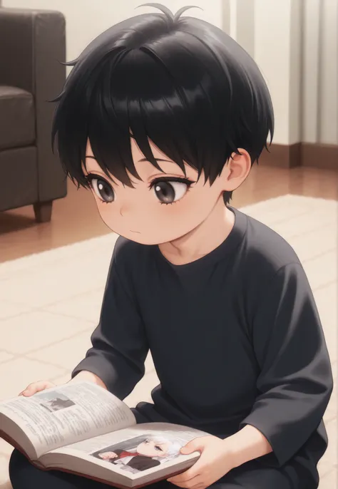 masterpiece, best quality, newest, safe, good anatomy, good resolution, Good Lighting.  beautiful, anime, , adorable. child, Short Black Hair. black. black eyelashes, piel clara. He is 7 years old. Age. Alone, LOOKING AT THE SPECTATOR, bottom: living room,...