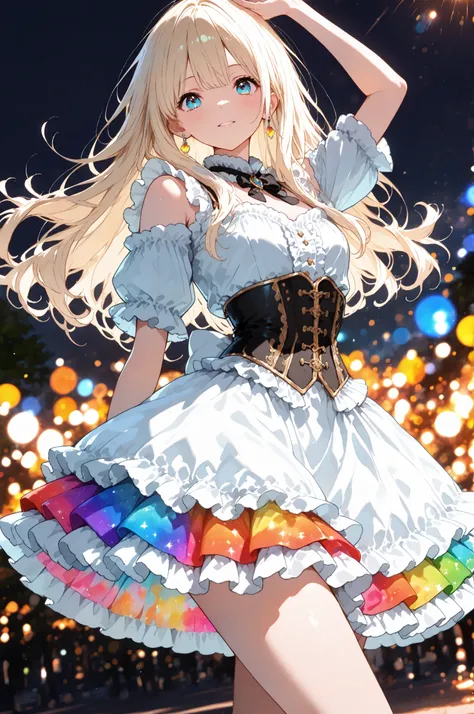 Fluffy frills, beautiful corset, Female student style costume,1 woman,  Long Hair , Blonde, standing pose, Vivid Color,graceful behavior, Delicate Construction ,high resolution,anime style, Anime Paint,Precision Illustration,4K rendering,full lighting,stro...