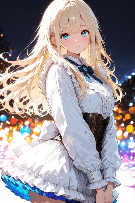 Fluffy frills, beautiful corset, Female student style costume,1 woman,  Long Hair , Blonde, standing pose, Vivid Color,graceful behavior, Delicate Construction ,high resolution,anime style, Anime Paint,Precision Illustration,4K rendering,full lighting,stro...