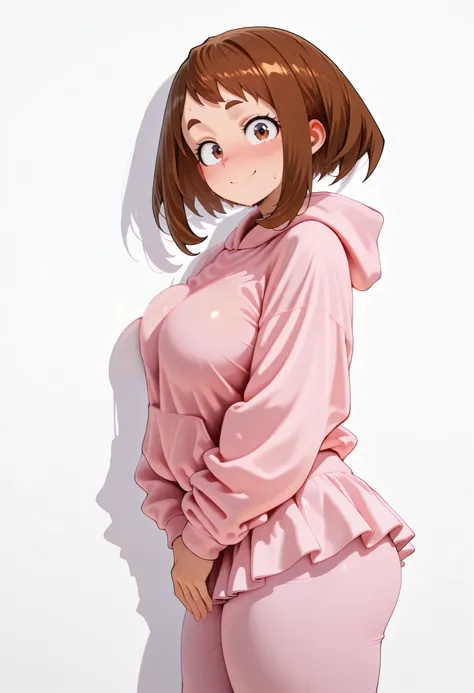 (masutepiece, Best Quality, hight resolution,, Perfect Pixel, depth of fields, 4K), Beautiful anime girl, Perfect body , uraraka ochako ,, ,,,,,, , , jewelry, , , sweat, , ,looking at viewer, , , ,, smile, , blush, with an extremely curvy and voluptuous fi...