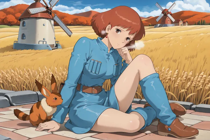 (Masterpiece, top quality, 8k, High quality anime, detailed and accurate anime poster, Studio Ghibli style, High sense Art ), Nausicaa, 1girl, adorable face, very kind face, she is sitting on field, top of the hill, look at viewer, mouth open a little, sm...