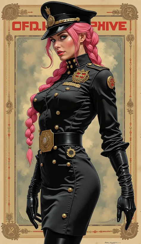 the proportions and detailed textures multicolor brushwork and softened with airbrush, semi-realistic ink china illustration of a strong and beautiful young girl in a steampunk style police uniform and epic fantasy (full body pose, with a confident and dar...