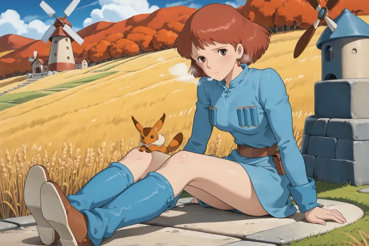 (Masterpiece, top quality, 8k, High quality anime, detailed and accurate anime poster, Studio Ghibli style, High sense Art ), Nausicaa, 1girl, adorable face, very kind face, she is sitting on field, top of the hill, look at viewer, mouth open a little, sm...