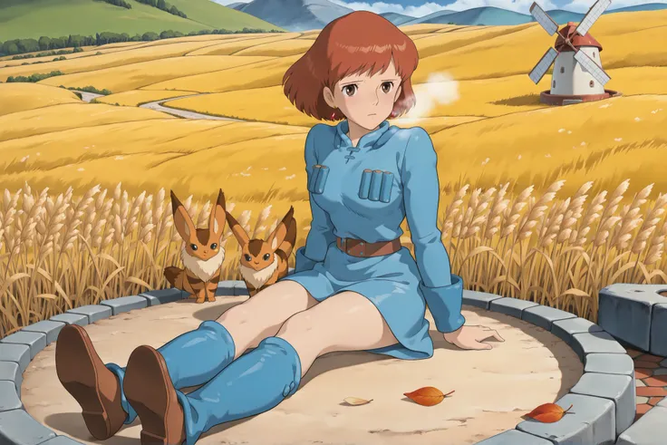 (Masterpiece, top quality, 8k, High quality anime, detailed and accurate anime poster, Studio Ghibli style, High sense Art ), Nausicaa, 1girl, adorable face, very kind face, she is sitting on field, top of the hill, look at viewer, mouth open a little, sm...