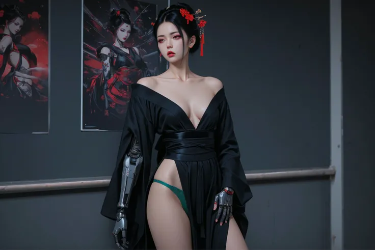 a thin Japanese geisha, with an androgynous body type, with a mechanical arm, cyberpunk style, futuristic, realistic, detailed, high resolution, 8k, high quality, wearing typical Japanese geisha clothing in black with red and white details, making a sensua...