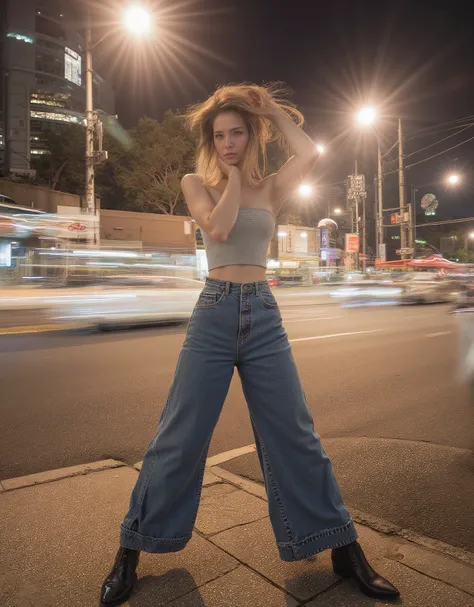 A cinematic photography of a young and beautiful China sensual supermodel Liu Wen stands still confidently with a dynamic pose on a sidewalk of busy urban street of Tokyo in the morning. Liu Wen is a young and sensual Chinese supermodel with very beautiful...