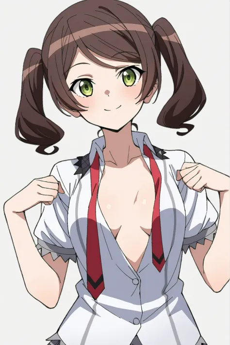 score_9, score_8_up, score_7_up,(( solo:1.3)),itaba, Dark brown hair,twintails,green_eyes , school_uniform, shirt, short_sleeves,open shirt,半裸、ブラジャー、パンティー、着替え、ロッカールーム、立ちポーズ、決めポーズ、シンプルな背景