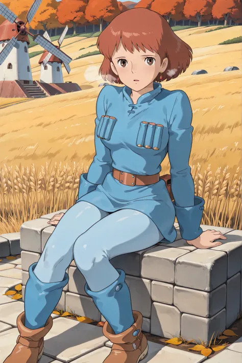 (Masterpiece, top quality, 8k, High quality anime, detailed and accurate anime poster, Studio Ghibli style, High sense Art ), Nausicaa, 1girl, very adorable, she is sitting on field, top of the hill, look at viewer, mouth open a little, beautiful marble w...