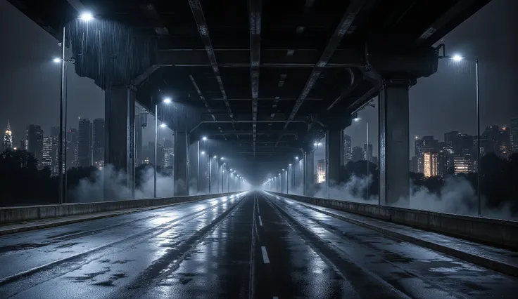 A deserted highway overpass at night under light rain. Wet asphalt reflecting pale streetlights, city skyline in the distance, mist rolling through the pillars. Realistic urban detail, subtle smoke and tension in the air, cinematic noir tone with cold nigh...